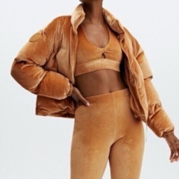 Fabletics Gold Velvet Puffer Jacket - Picture 1 of 12